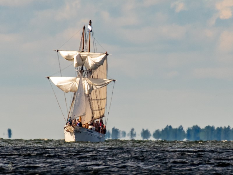 A Brigantine ship at sea