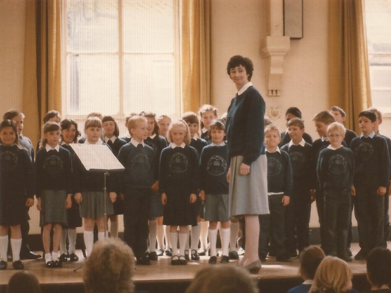 Mrs Metcalfe with the school choir at the Devizes Music Festival 1989