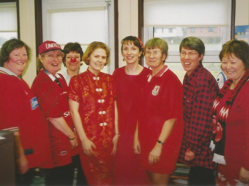 Mrs Llewellyn (3rd from right) and staff on Red Nose Day 2001