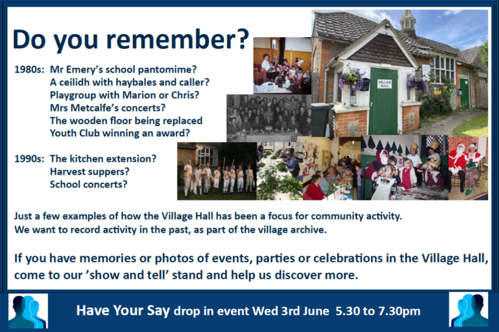 Share your memories of the Village Hall at the Have Your Say event on June 3rd