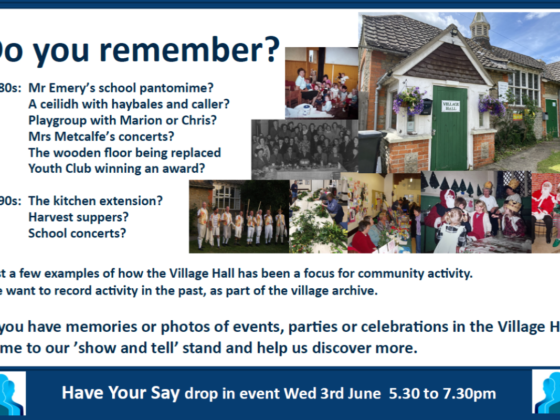 Share your memories of the Village Hall at the Have Your Say event on June 3rd